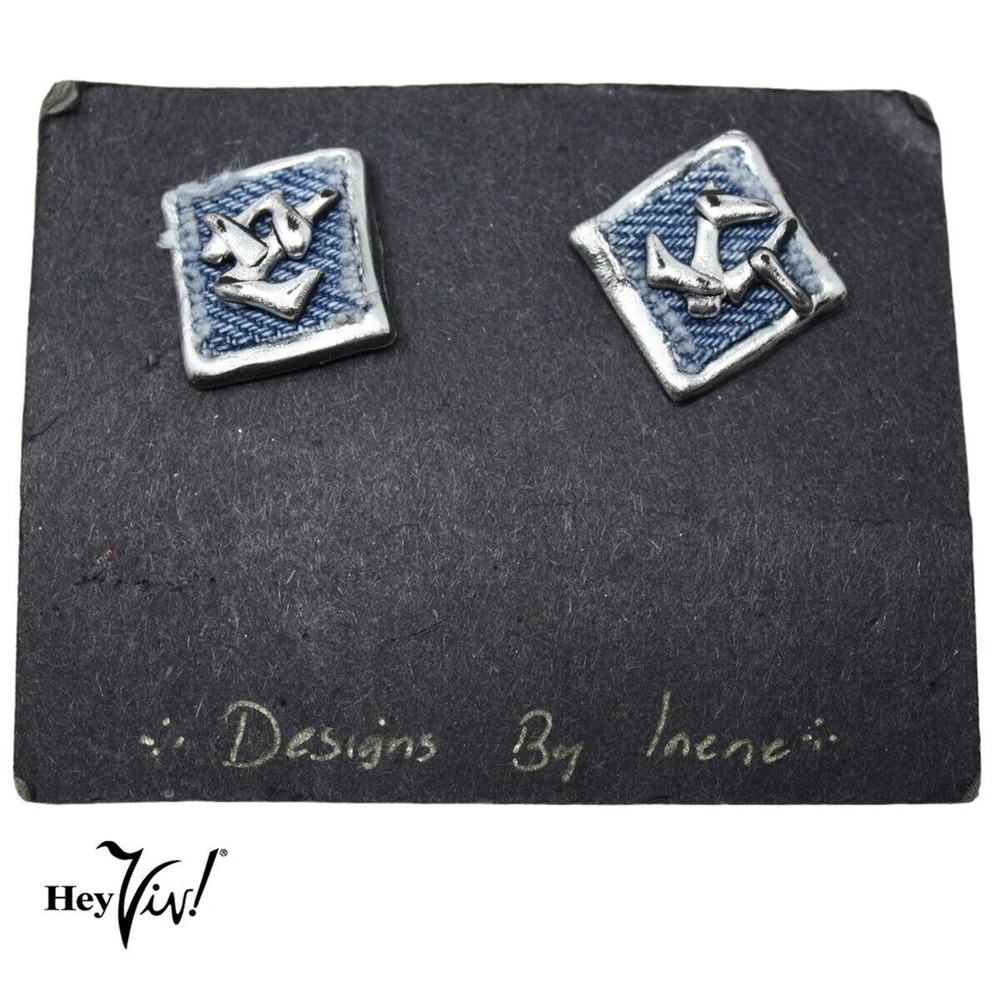 Vintage 90s Pierced Square Earrings Silver w Blue Fabric Original Card - Hey Viv